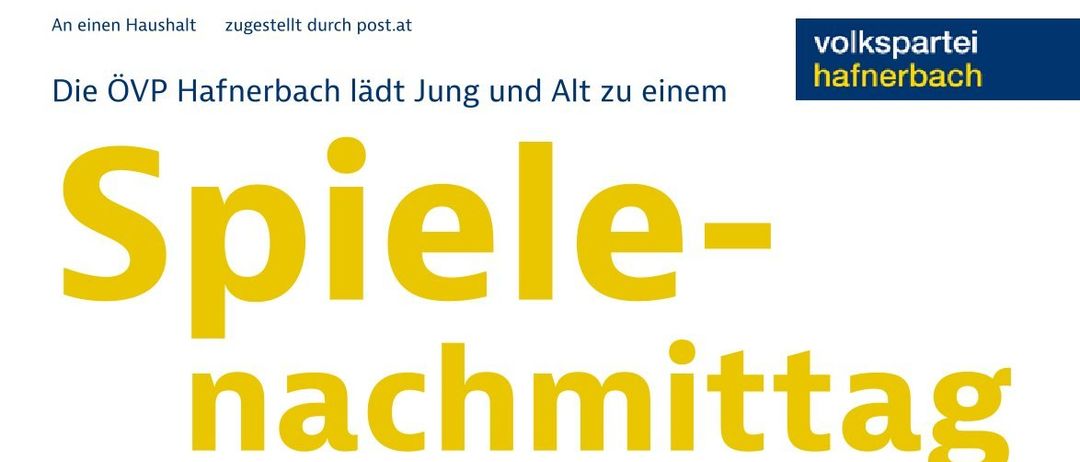 Plakat für Spielnachmittag am Freitag, 6. März 2026, von 14 bis 17 Uhr im Gasthaus Fischer, Hafnerbach. Das Plakat zeigt ein Brettspiel mit Würfeln und Spielsteinen.