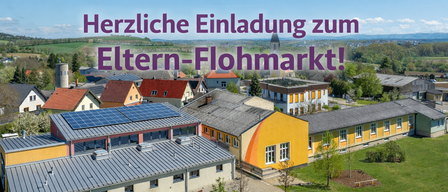 Poster zur Einladung zum Eltern-Flohmarkt am 22.3.2026 von 9:00 bis 11:30 Uhr in der VS Hafnerbach. Zeigt ein Schulgebäude mit Solarmodulen und Häusern im Hintergrund.