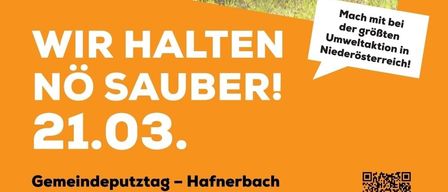 Plakat für eine Gemeinde-Aufräumaktion. Es zeigt Menschen, die Müll aufsammeln. Das Datum ist der 21. März. Die Zeit ist 14 Uhr. Die Veranstaltung findet in Hafnerbach statt. Ein QR-Code ist für weitere Informationen vorhanden.