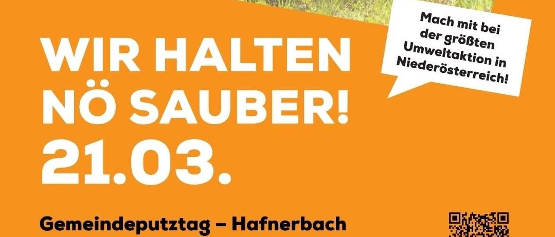 Plakat für eine Gemeinde-Aufräumaktion. Es zeigt Menschen, die Müll aufsammeln. Das Datum ist der 21. März. Die Zeit ist 14 Uhr. Die Veranstaltung findet in Hafnerbach statt. Ein QR-Code ist für weitere Informationen vorhanden.