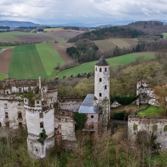 Ein Luftbild einer zerstörten Burg mit einem hohen Turm, umgeben von grünen Feldern und Bäumen, unter einem bewölkten Himmel.