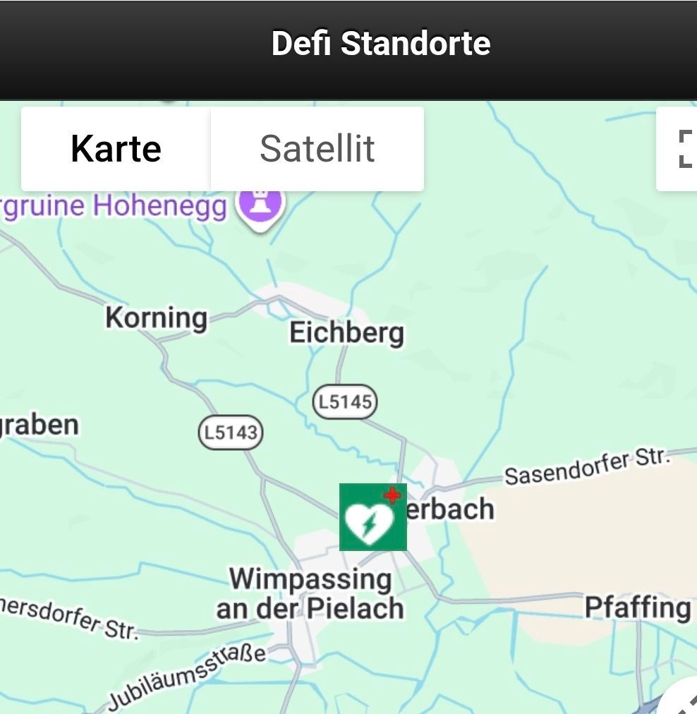 Karte mit Standorten. Kartenoptionen sind 'Karte' und 'Satellit'. Gebiete beschriftet 'Korning', 'Eichberg' und 'Wimpassing an der Pielach'. Straße 'Jubiläumsstraße' ist sichtbar.