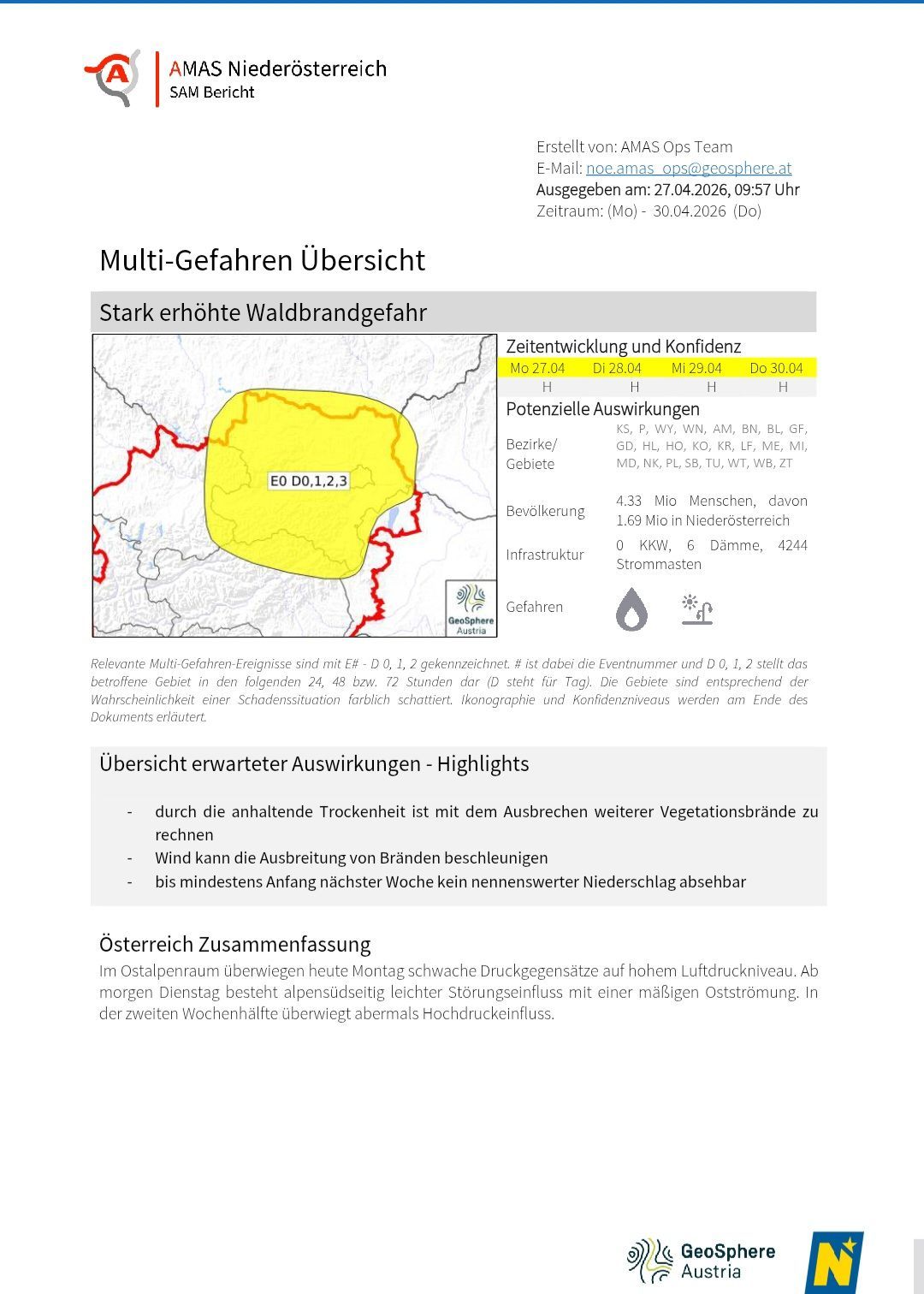 Übersicht über Multi-Gefahren. Stark erhöhte Waldbrandgefahr. Entwicklung und Konfidenz. Zonen: MO, DI, MI, DO. Potenzielle Auswirkungen: KS, P, WY, WN, AM, BN, BL, GF, GD, HL, HQ, KO, KR, LF, ME, MI, MD, NK, PL, SB, TU, WT, WB, ZT. Bevölkerung: 4,33 Mio. Davon 1,69 Mio. in Niederösterreich. Infrastruktur: 0 KKW, 6 Dämme, 4244 Strommasten.