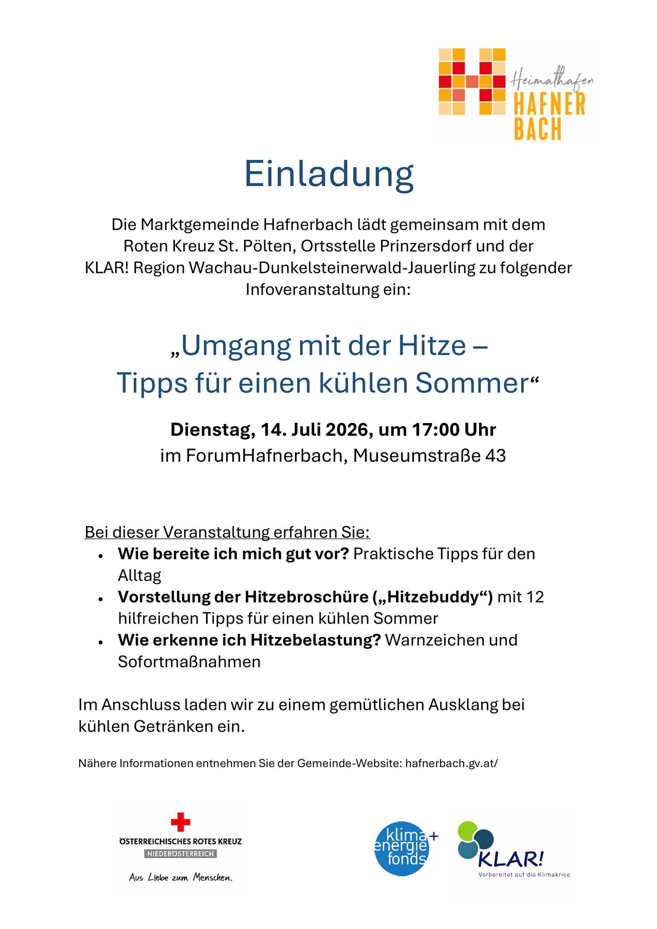 Einladung der Marktgemeinde Hafnerbach zur Veranstaltung über den Umgang mit Hitze, mit Tipps für einen kühlen Sommer. Geplant für den 14. Juli 2026 um 17:00 Uhr im ForumHafnerbach, Museumstraße 43.