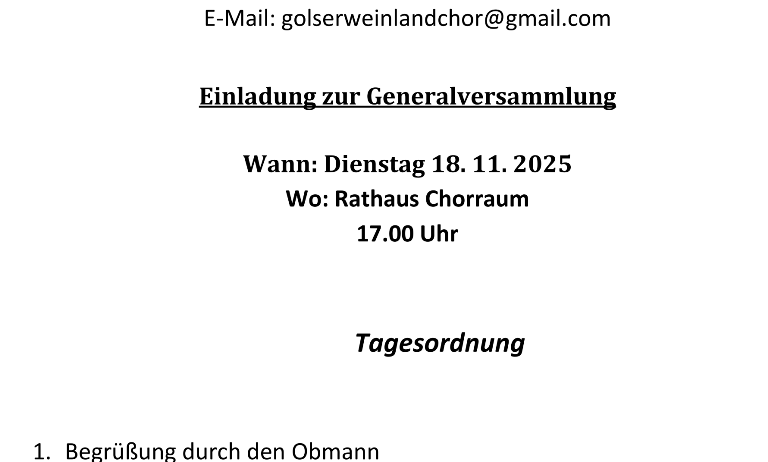 Einladung zur Generalversammlung. Wann: Dienstag, 18. November 2025. Wo: Rathaus Chorraum, 17:00 Uhr. Tagesordnung: Begrüßung durch den Obmann, Bericht des Kassiers, Entlastung des Kassiers, Bericht des Schriftführers, Neuwahl.