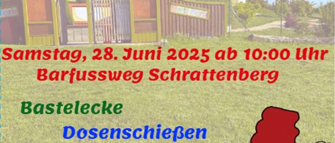 Plakat für das 'Boofest'-Event am 28. Juni 2025, Beginn um 10:00 Uhr am Barfussweg Schrattenberg. Aktivitäten umfassen Bastelecke, Dosenschieben, Kinderschminken, Riesenseifenblasen und Berti Disco. Ein Haus mit Garten und einem lächelnden Cartoon-Charakter ist abgebildet.