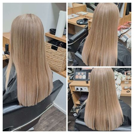 Drei Bilder einer Frau mit langen, glatten, hellblonden Haaren. Sie sitzt in einem schwarzen Salonstuhl. Der Hintergrund zeigt einen Schreibtisch mit verschiedenen Gegenständen.