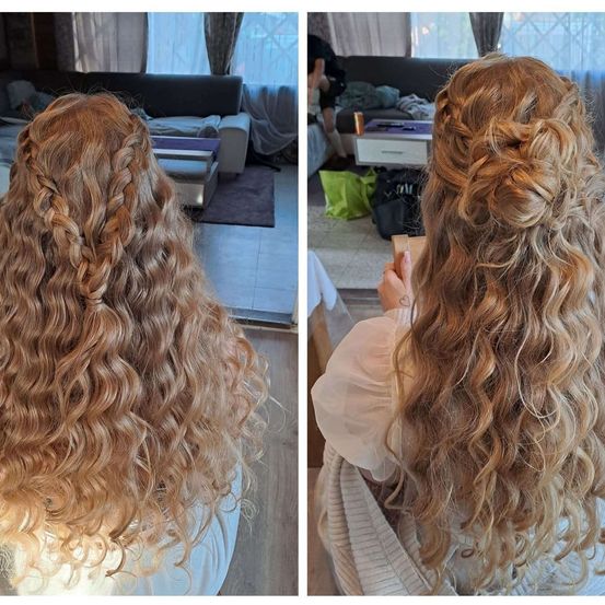 Zwei Bilder einer Frau mit lockigem Haar, die verschiedene Frisuren zeigen. Das erste Bild zeigt eine Seitenansicht der Frau mit geflochtenen und gelockten Haaren. Das zweite Bild zeigt eine Rückansicht der Frau mit einer Hochsteckfrisur.