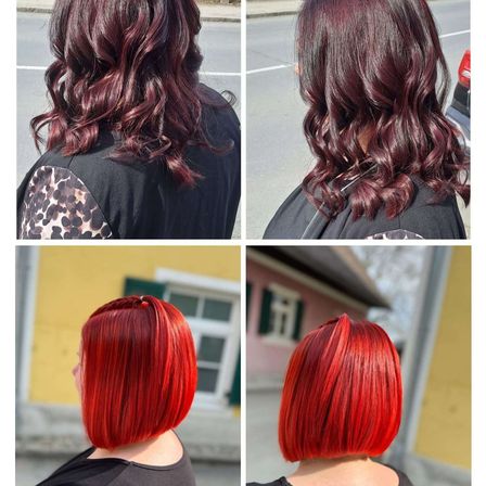 Vier Bilder einer Frau mit verschiedenen Frisuren. Oben links mit welligem kastanienbraunem Haar, oben rechts mit welligem burgunderot. Unten links mit kurzem rotem Haar, unten rechts mit kurzem rotem Bob.