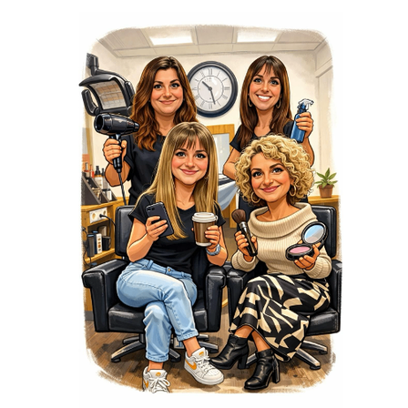 Eine Illustration von vier Frauen in einem Salon. Eine hält einen Föhn, eine andere einen Haarkamm und zwei sitzen, eine mit einer Tasse Kaffee und die andere mit einem Kompaktspiegel.