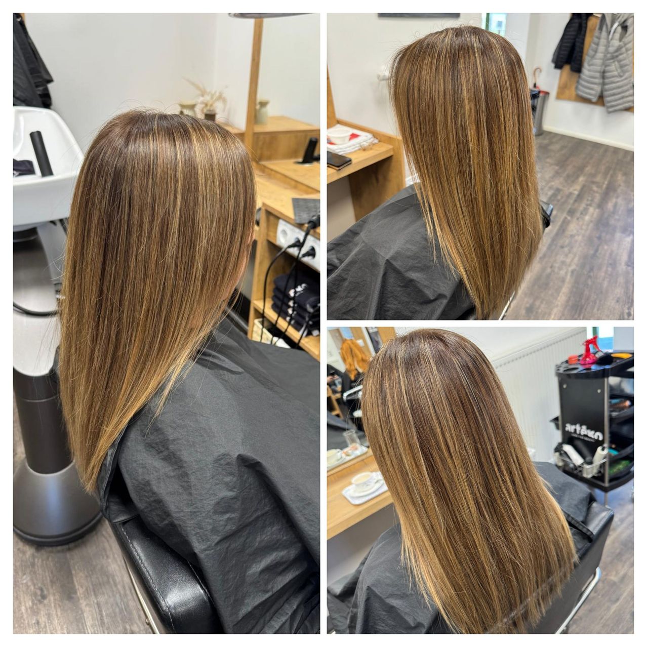Dreiteiliges Bild einer Frau mit langen Haaren in einem Friseursalon. Jedes Bild zeigt verschiedene Blickwinkel auf sie, wie sie in einem Salonstuhl sitzt. Ihr Haar ist mit blonden und hellbraunen Tönen hervorgehoben.