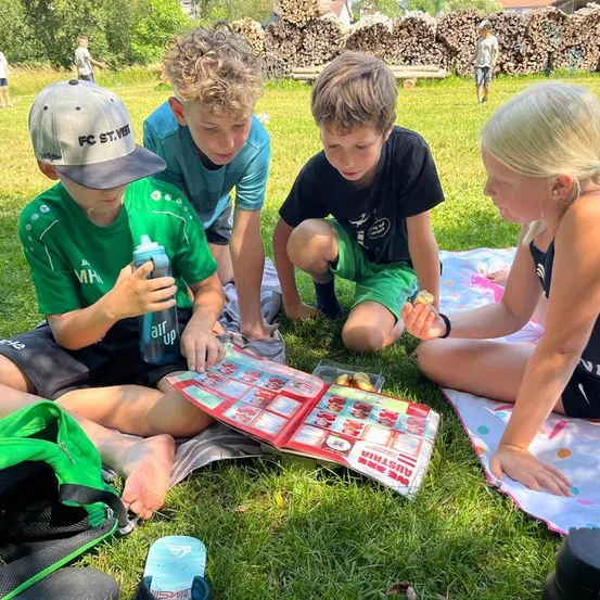 Vier Kinder sitzen auf einem Grasfeld und spielen ein Spiel. Ein Junge hält eine Flasche, ein anderer einen Snack und ein Mädchen schaut auf eine Karte. Ein Rucksack und eine Picknickdecke sind in der Nähe.