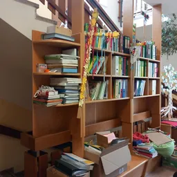 Ein hölzerne Bücherregal gefüllt mit Büchern und Ordnern, mit bunten Bändern und einer Pflanze auf der rechten Seite.