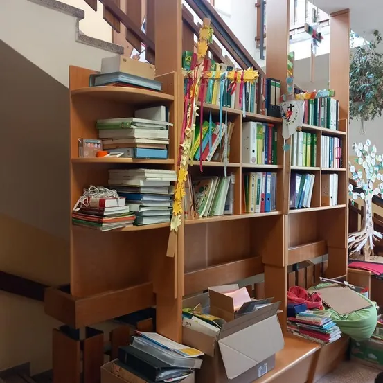 Ein hölzerne Bücherregal gefüllt mit Büchern und Ordnern, mit bunten Bändern und einer Pflanze auf der rechten Seite.