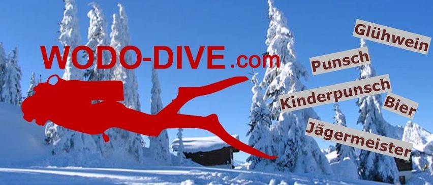 Ein Poster für WODO-DIVE heißt zum Glühweinfest willkommen, zeigt einen Taucher, verschneite Bäume und Termine vom 24.11.2025 bis 27.11.2025.