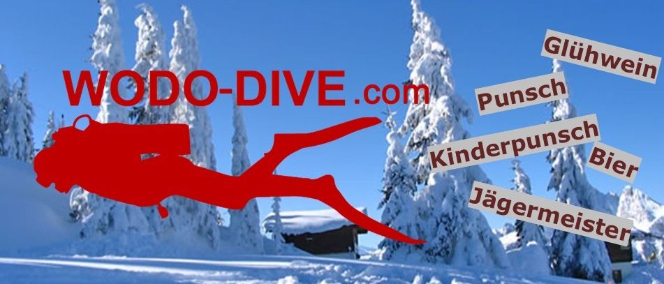 Ein Poster für WODO-DIVE heißt zum Glühweinfest willkommen, zeigt einen Taucher, verschneite Bäume und Termine vom 24.11.2025 bis 27.11.2025.