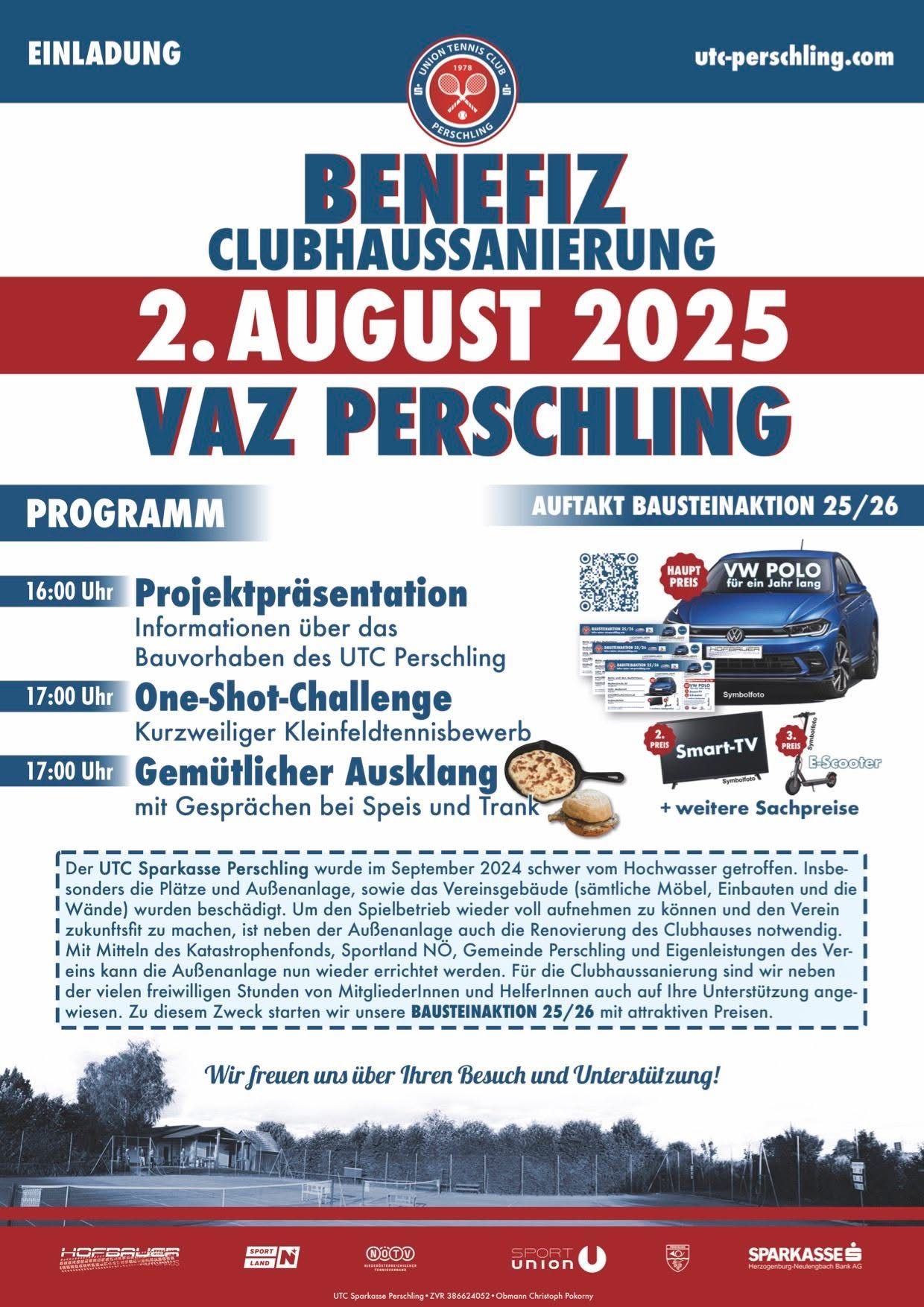 Das Plakat bewirbt die Benifiz Clubhaussanierung am 2. August 2025. Aktivitäten umfassen eine Projektpräsentation, eine One-Shot-Challenge und ein gemütliches Beisammensein. Das Plakat hebt die Notwendigkeit der Renovierung des Clubhauses aufgrund schwerer Schäden durch die Überschwemmung hervor.