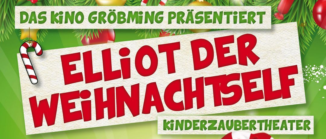 Elliot soll in der Elfenwerkstatt alles für Weihnachten vorbereiten, doch er hat absolut keine Lust dazu! Zum Glück entdeckt er gemeinsam mit den Kindern das Zauberbuch des Weihnachtsmanns. Mit der Unterstützung der kleinen Zuschauer versucht er, alles mithilfe von Magie zu lösen. Ob das gut geht? Findet es heraus in diesem zauberhaften Weihnachtsabenteuer! "Unterhaltung für die ganze Familie", Ein lustiges Kindertheater zum Mitzaubern für Kinder ab 4 Jahren. Do. 11. Dez. 14:30 Uhr + 17:00 Uhr KINO GROMMING.