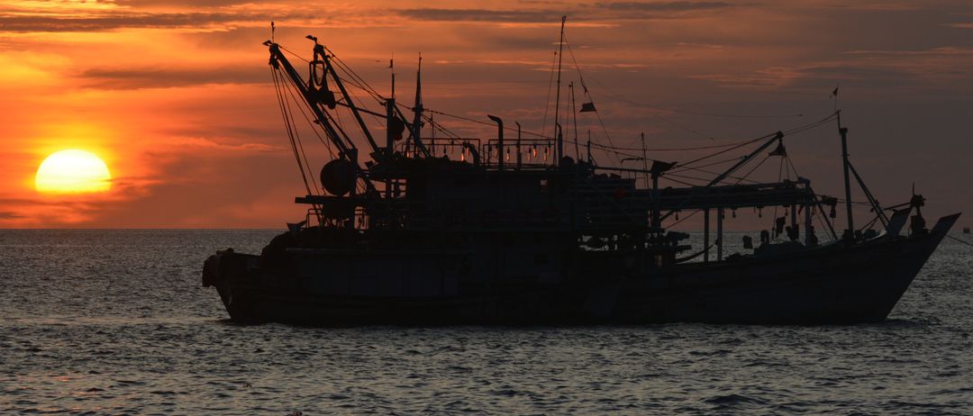 Ein Umriss eines Fischerboots bei Sonnenuntergang mit einem goldenen Himmel im Hintergrund und ruhigen Meeresgewässern.