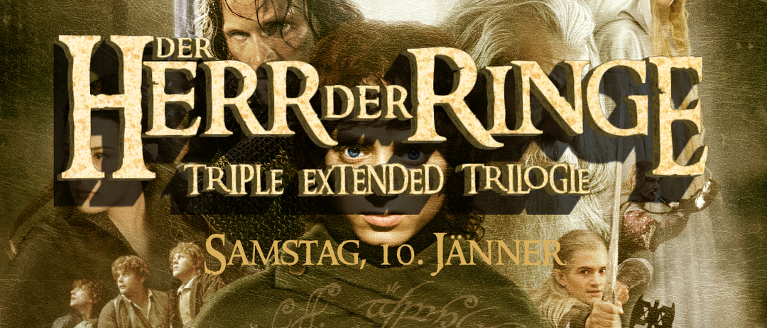 Poster für die Herr der Ringe-Trilogie, mit Charakteren in dramatischen Posen. Es erwähnt die dreifache erweiterte Trilogie und den Termin Samstag, 10. Januar.