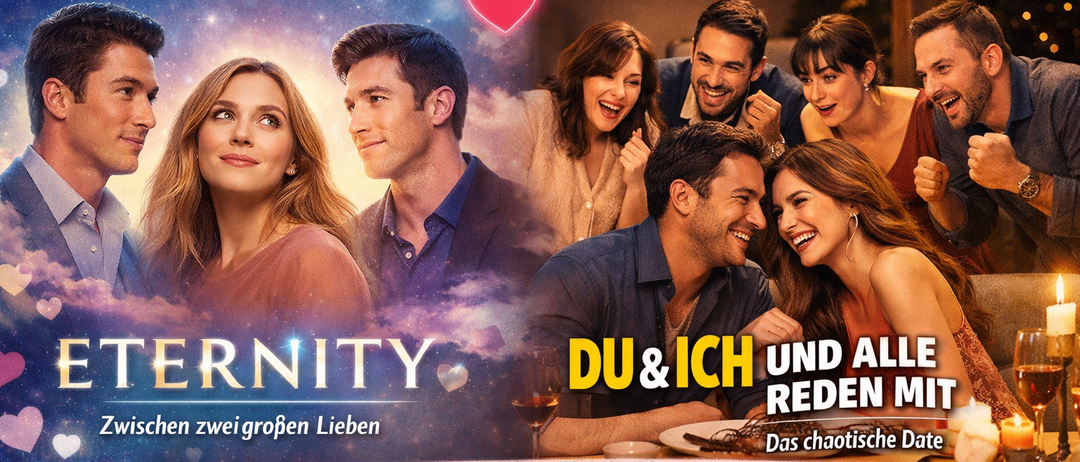 Werbeposter für ein Montags-Special im Kino Grobming mit zwei Filmen über Liebe und Entscheidungen. Der Preis beträgt 25 Euro für zwei Personen, inklusive zwei Gläser Prosecco und einer kleinen Jause.