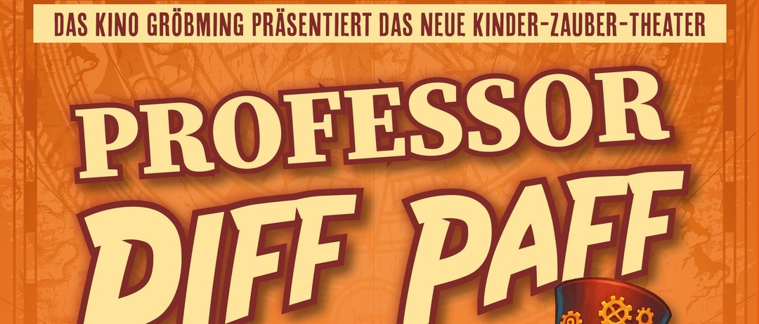 Plakat für eine magische Veranstaltung mit Professor Piff Paff. Ein fesselndes Buch, eine fliegende Teekanne und jede Menge lustige Überraschungen. Ohne die Kinder klappt nichts. Mit Fantasie, Magie und Zauberei helfen sie Professor Piff Paff bei seinen Abenteuern. Empfohlen ab 4 Jahren.
