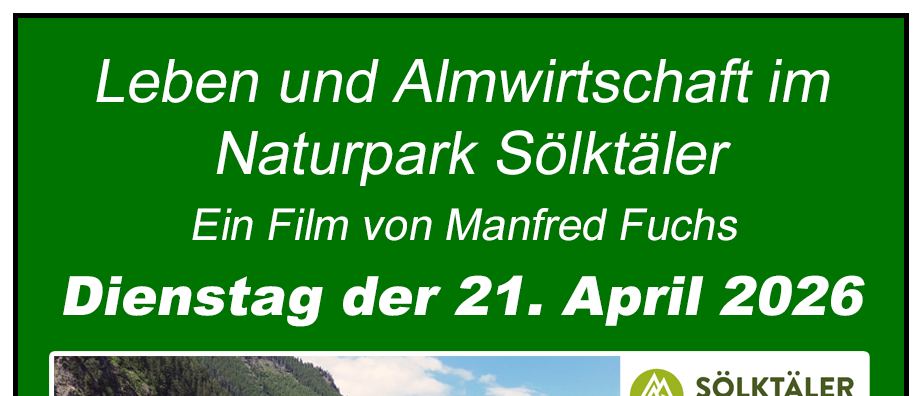 Poster für einen Film von Manfred Fuchs. Geplant für Dienstag, den 21. April 2026. Zeigt eine ruhige See und Berglandschaft. Eintritt um 18:30 Uhr, Beginn: 19:00 Uhr.