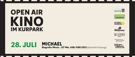 Poster für Michael, eine Biografie und Musikdokumentation, 127 Minuten, USA/UK 2025 (deutsche Fassung) mit schwarz-weißem Filmstreifenmuster.