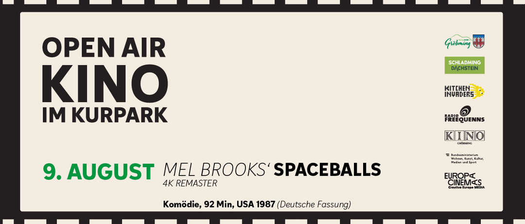 Ein Filmplakat für Spaceballs, eine Komödie von Mel Brooks, in 4K remastert. Der Film ist 92 Minuten lang, wurde 1987 in den USA produziert und hat eine deutsche Fassung.