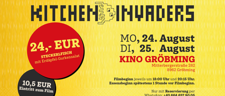 Plakat für den Film 'Fiasko' von Eberhofer mit einer Gruppe von Menschen und einem Preisschild. Der Film ist für den 24. und 25. August im Kino Gröbming geplant.