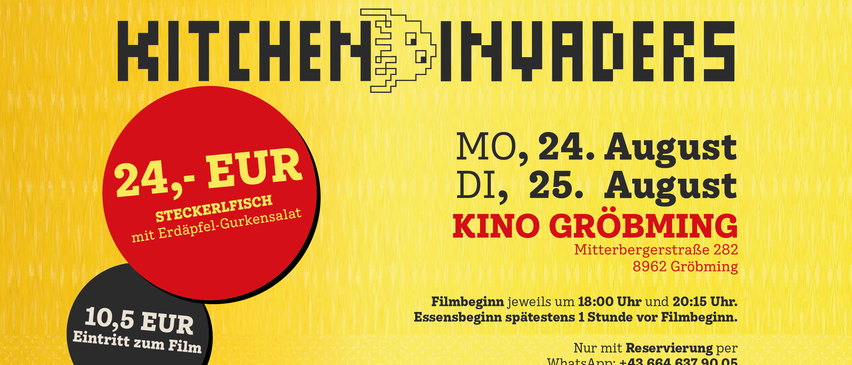 Plakat für den Film 'Fiasko' von Eberhofer mit einer Gruppe von Menschen und einem Preisschild. Der Film ist für den 24. und 25. August im Kino Gröbming geplant.