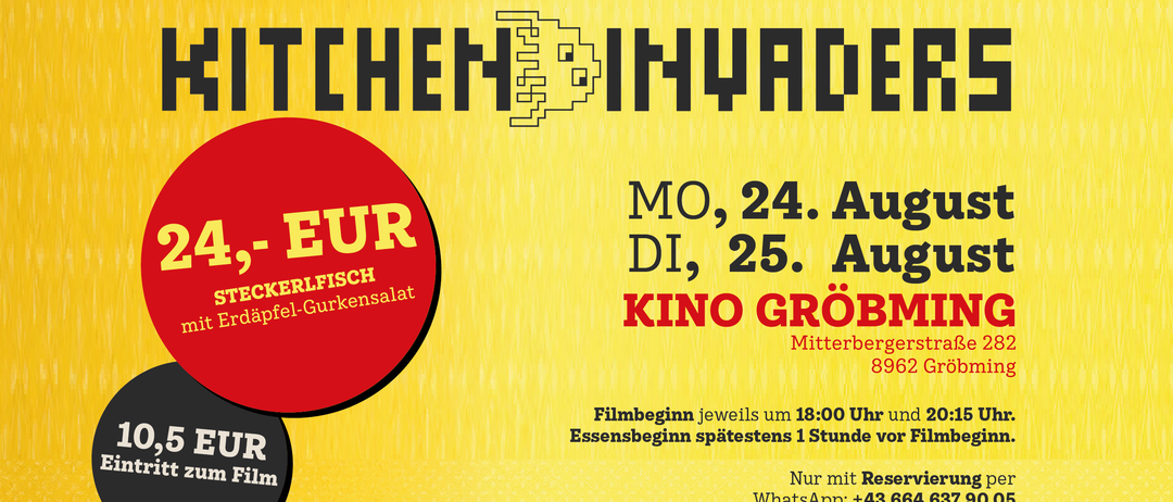 Plakat für den Film 'Fiasko' von Eberhofer mit einer Gruppe von Menschen und einem Preisschild. Der Film ist für den 24. und 25. August im Kino Gröbming geplant.