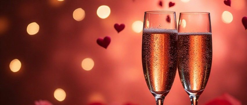 Zwei Champagnerflöten mit prickelndem Getränk stehen auf einem Tisch, der mit roten Rosen und schwebenden Herzen auf einem rosa Hintergrund verziert ist.