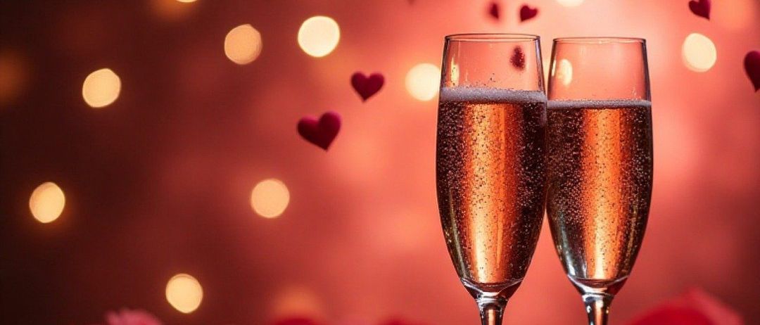 Zwei Champagnerflöten mit prickelndem Getränk stehen auf einem Tisch, der mit roten Rosen und schwebenden Herzen auf einem rosa Hintergrund verziert ist.