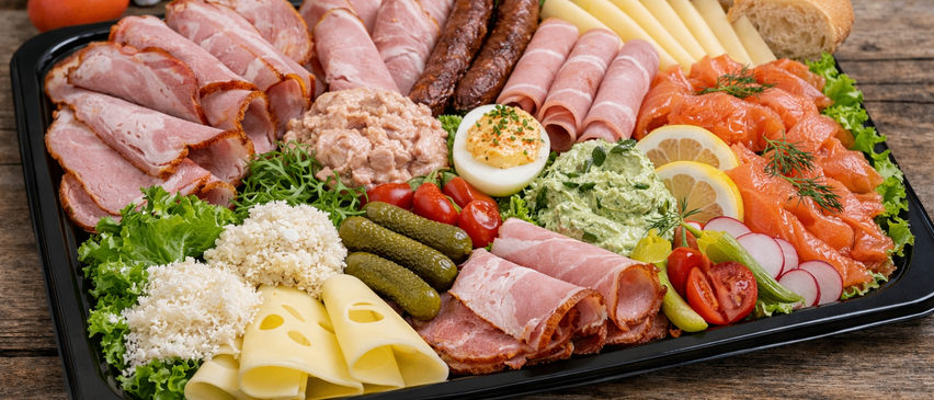 Ein Tablett mit verschiedenen Fleischsorten, Käse, Gurken, Eiern und Zitronen. Das Tablett hat eine Mischung aus geräucherten Fleischsorten, geschnittenem Schinken und einer grünen Dip-Sauce.