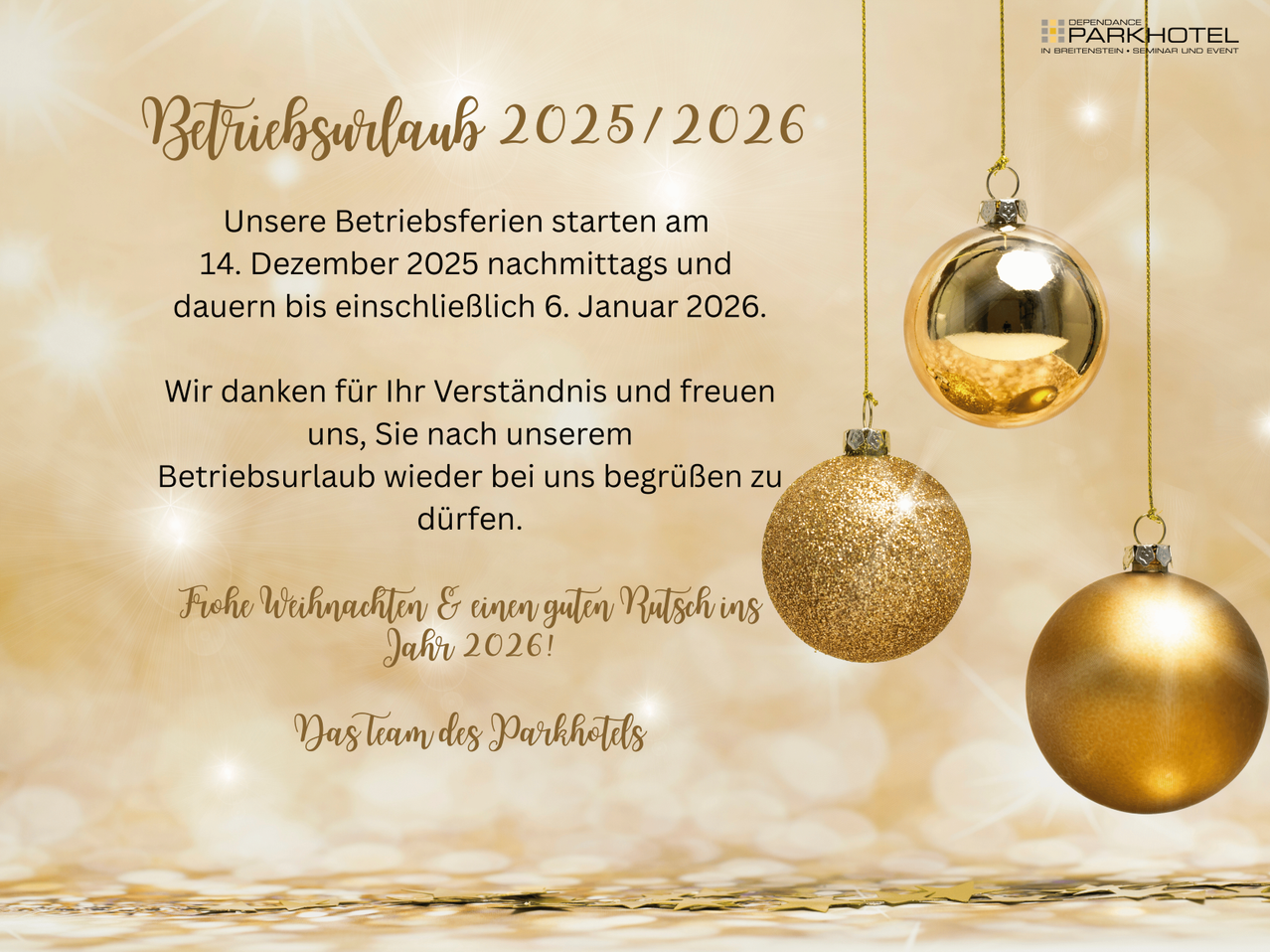 Eine Ankündigung informiert, dass das Geschäft vom 14. Dezember 2025 bis zum 6. Januar 2026 geschlossen sein wird. Es dankt für das Verständnis und wünscht ein frohes Weihnachtsfest und einen guten Start ins Jahr 2026.