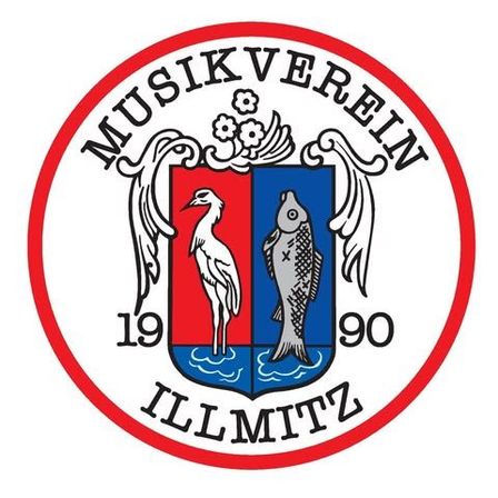 Logo des Musikvereins Illmitz, zeigt einen Vogel und einen Fisch, mit den Jahren 1990 prominent angezeigt.