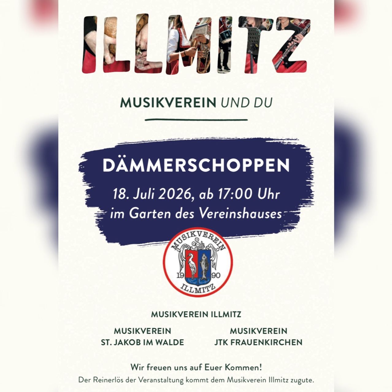 Plakat für Illmitz Musikverein-Veranstaltung am 18. Juli 2026, 17 Uhr im Garten des Vereinshauses. Enthält Logo und Text auf Deutsch.