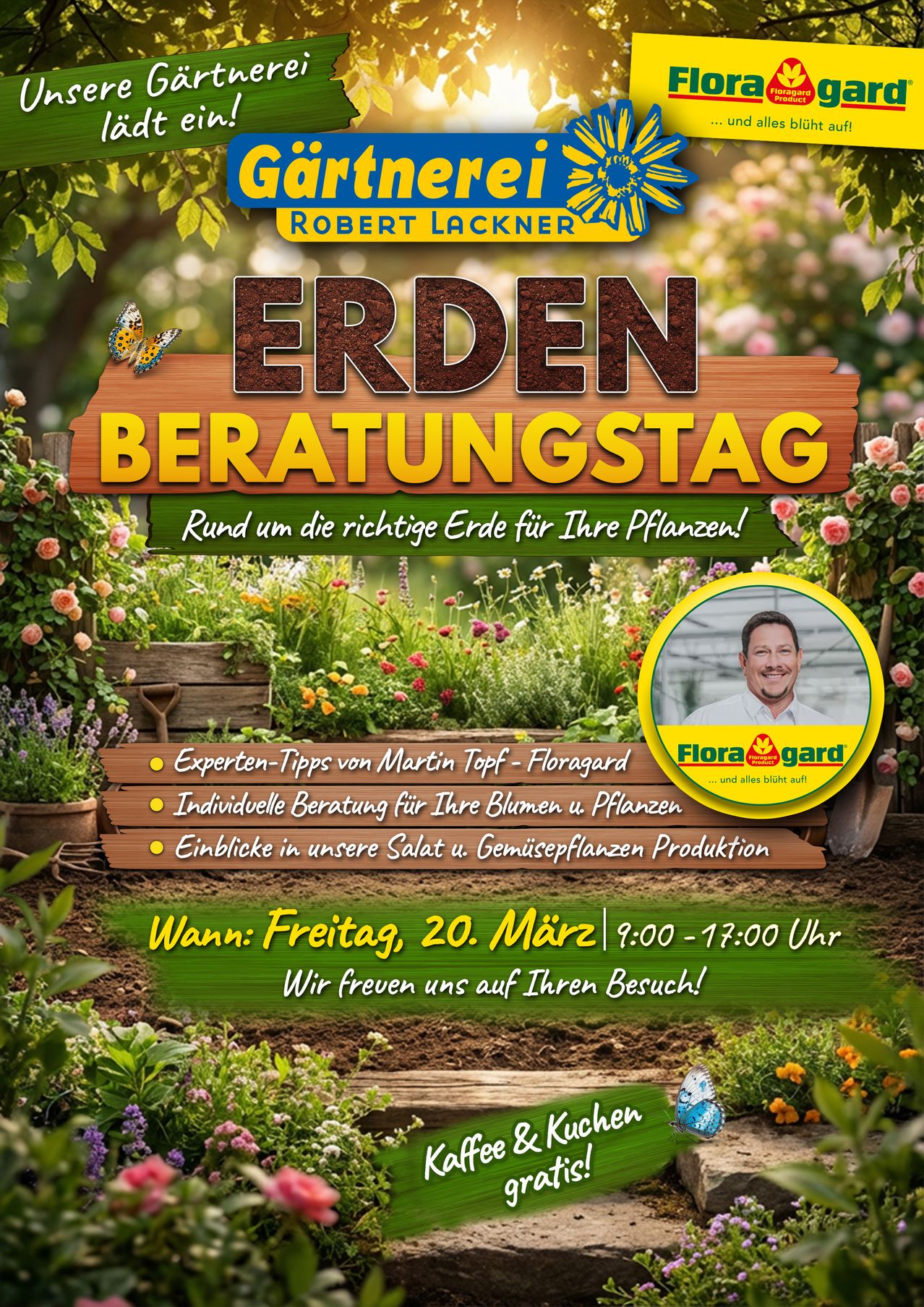 Eine Werbung für Robert Lackner Erdberatungstag mit Expertentipps, individueller Beratung und Einblicken in die Gemüseproduktion. Die Veranstaltung findet am Freitag, 20. März von 9:00 bis 17:00 Uhr statt.