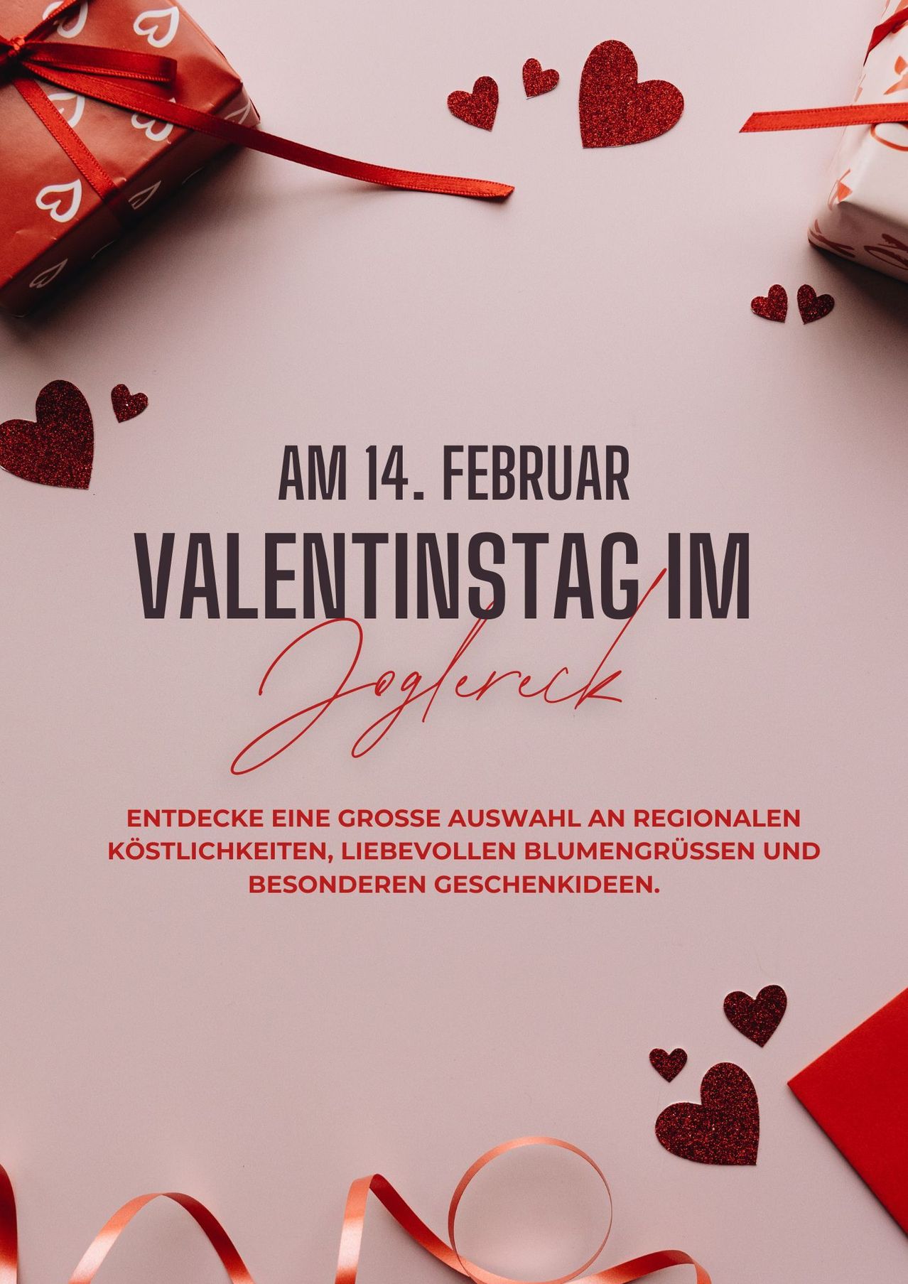 A Valentine's Day celebration announcement with red hearts and gifts. The text is in German, mentioning Valentine's Day on February 14th.