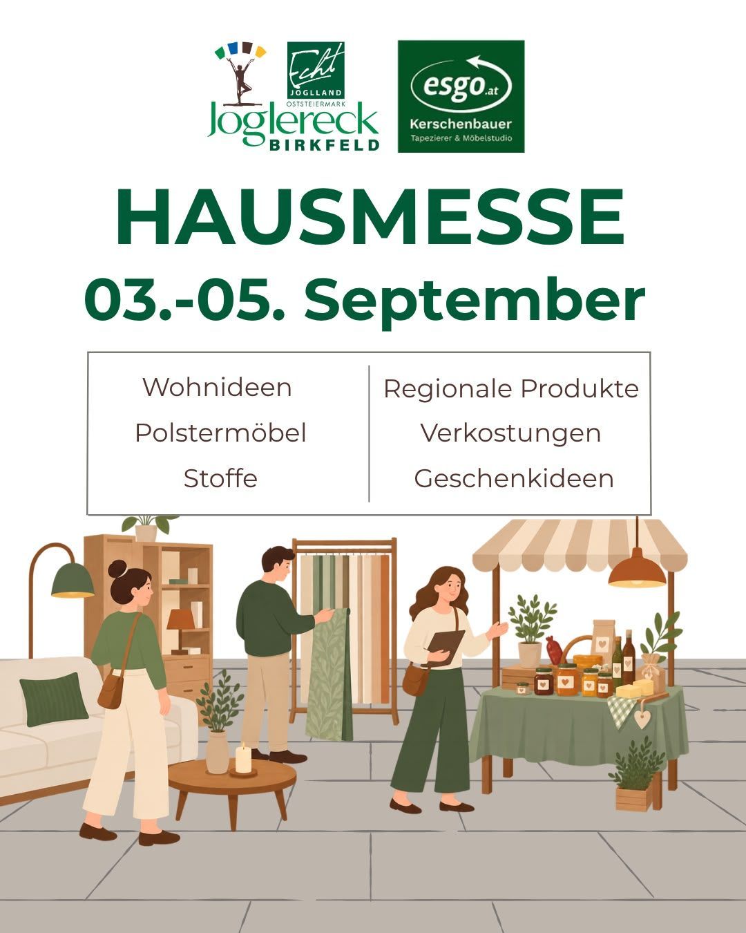 Ein Werbeplakat für eine Hausmesse mit verschiedenen Produkten und Dienstleistungen, einschließlich Wohnzimmermöbel, regionaler Produkte, Verkostungen, Geschenkideen und mehr. Die Veranstaltung ist für den 3. bis 5. September geplant.