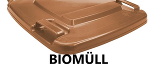 Ein brauner Plastik-Mülleimerdeckel mit Griffen wird auf weißem Hintergrund gezeigt. Der Deckel ist mit 'BIOMUELL' beschriftet.