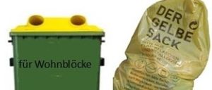 Das Bild zeigt einen grünen Recyclingbehälter mit gelbem Deckel und Rädern, beschriftet mit 'für Wohnblocks'. Daneben befindet sich ein gelber Plastiksack, beschriftet mit 'Der Gelbe Sack', der für recycelbares Papier bestimmt ist.