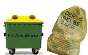 Das Bild zeigt einen grünen Recyclingbehälter mit gelbem Deckel und Rädern, beschriftet mit 'für Wohnblocks'. Daneben befindet sich ein gelber Plastiksack, beschriftet mit 'Der Gelbe Sack', der für recycelbares Papier bestimmt ist.