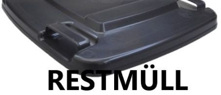 Ein schwarzer rechteckiger Abfallbehälter mit Griffen, beschriftet mit 'RESTMÜLL'. Er hat einen Klappdeckel.