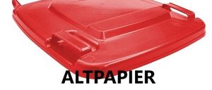 Ein roter rechteckiger Behälter mit Deckel, zwei Griffen und der Aufschrift 'ALTPAPIER'. Er scheint aus Kunststoff zu sein.
