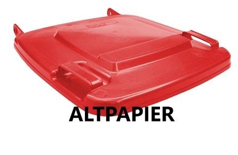 Ein roter rechteckiger Behälter mit Deckel, zwei Griffen und der Aufschrift 'ALTPAPIER'. Er scheint aus Kunststoff zu sein.