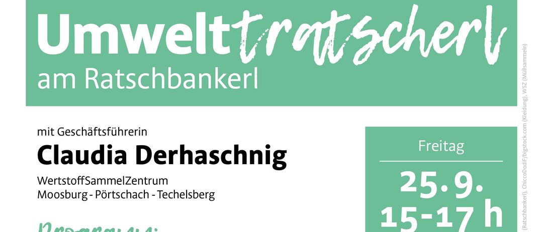 Plakat für eine Veranstaltung am Ratscbanklerl mit einer Bank, einem Stapel Kleidung und einem Datum vom 25. September, 15-17 Uhr. Die Veranstaltung wird von Claudia Derhasching organisiert und beinhaltet einen Verkauf von Second-Hand-Kleidung.