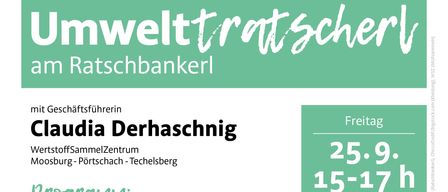 Plakat für eine Veranstaltung am Ratscbanklerl mit einer Bank, einem Stapel Kleidung und einem Datum vom 25. September, 15-17 Uhr. Die Veranstaltung wird von Claudia Derhasching organisiert und beinhaltet einen Verkauf von Second-Hand-Kleidung.