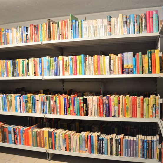 Ein weißer Bücherregal mit drei Regalen, gefüllt mit bunten Büchern. Die Bücher sind ordentlich angeordnet. Das oberste Regal hat wenige Bücher und das mittlere und unterste Regal mehr Bücher. Die Bücher sind unterschiedlich groß und in verschiedenen Farben. Der Raum ist schwach beleuchtet.